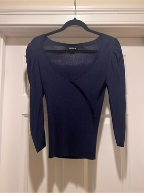 Express Navy Ribbed V-Neck Long Sleeve Top Asymmetric Seam and puff shoulder
